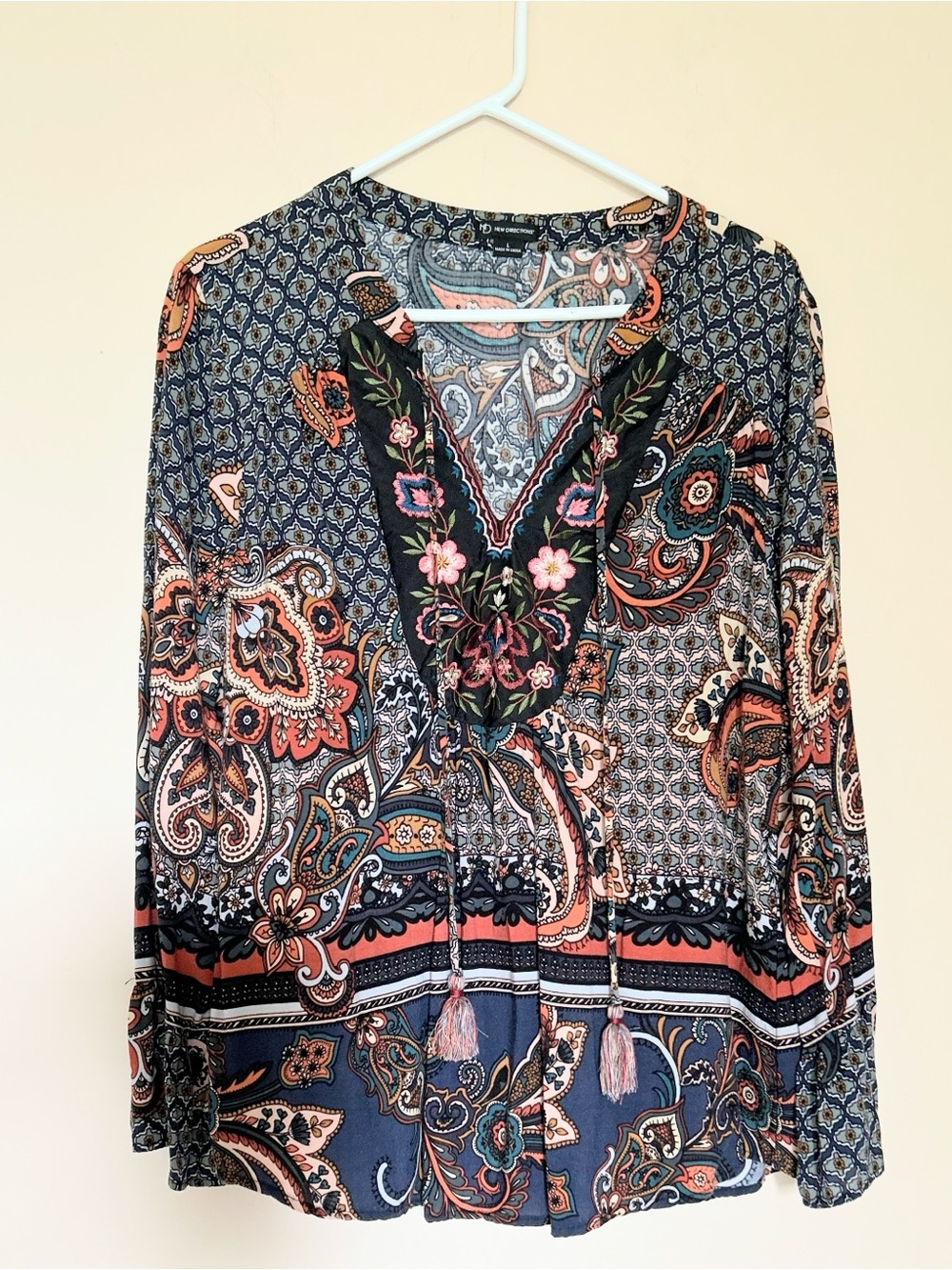 new directions Paisley Embroidered V-Neck Tunic — Navy & Coral